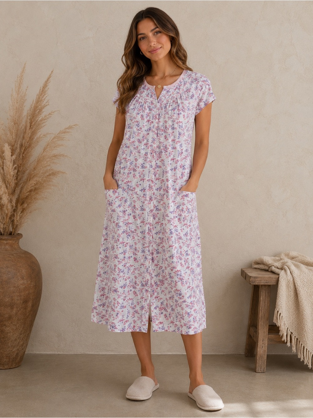 Lissome Lounge Pink Floral House Dress Nightgown Size Small Button Front